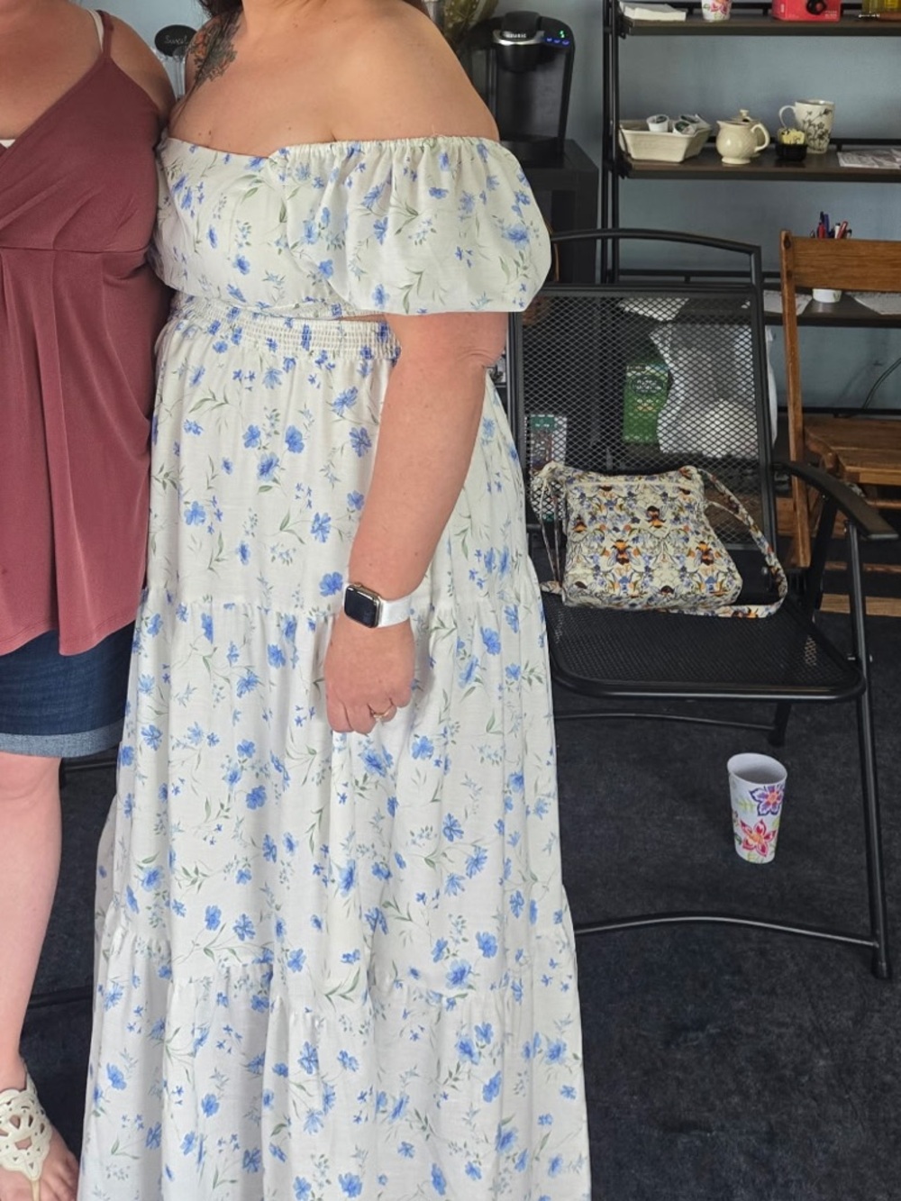 ARULA White Maxi Dress with Light Blue Floral Print and Cutout Details
